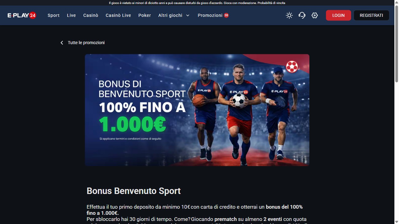 Pagina bonus di benvenuto di Eplay24