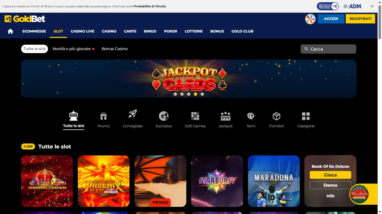 Sezione casino e slot di GoldBet