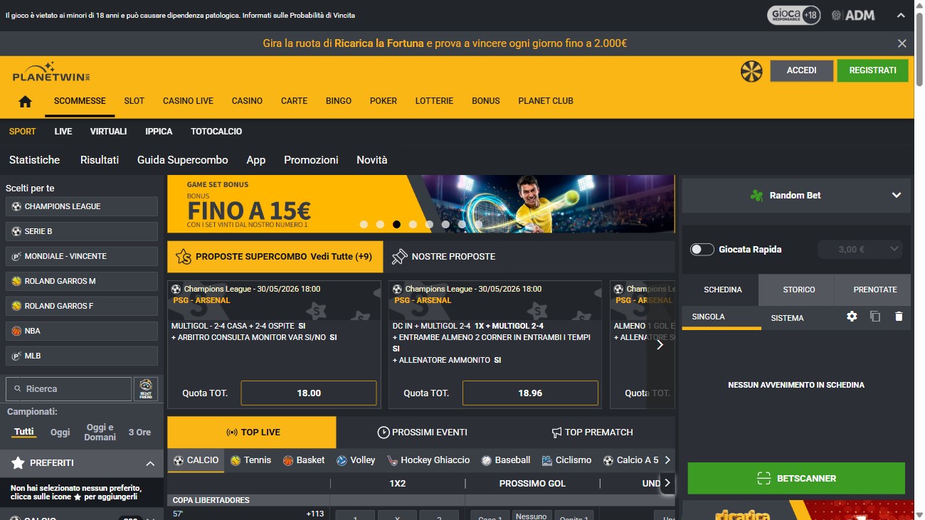 Sezione scommesse sportive di PlanetWin365 con i mercati sul calcio