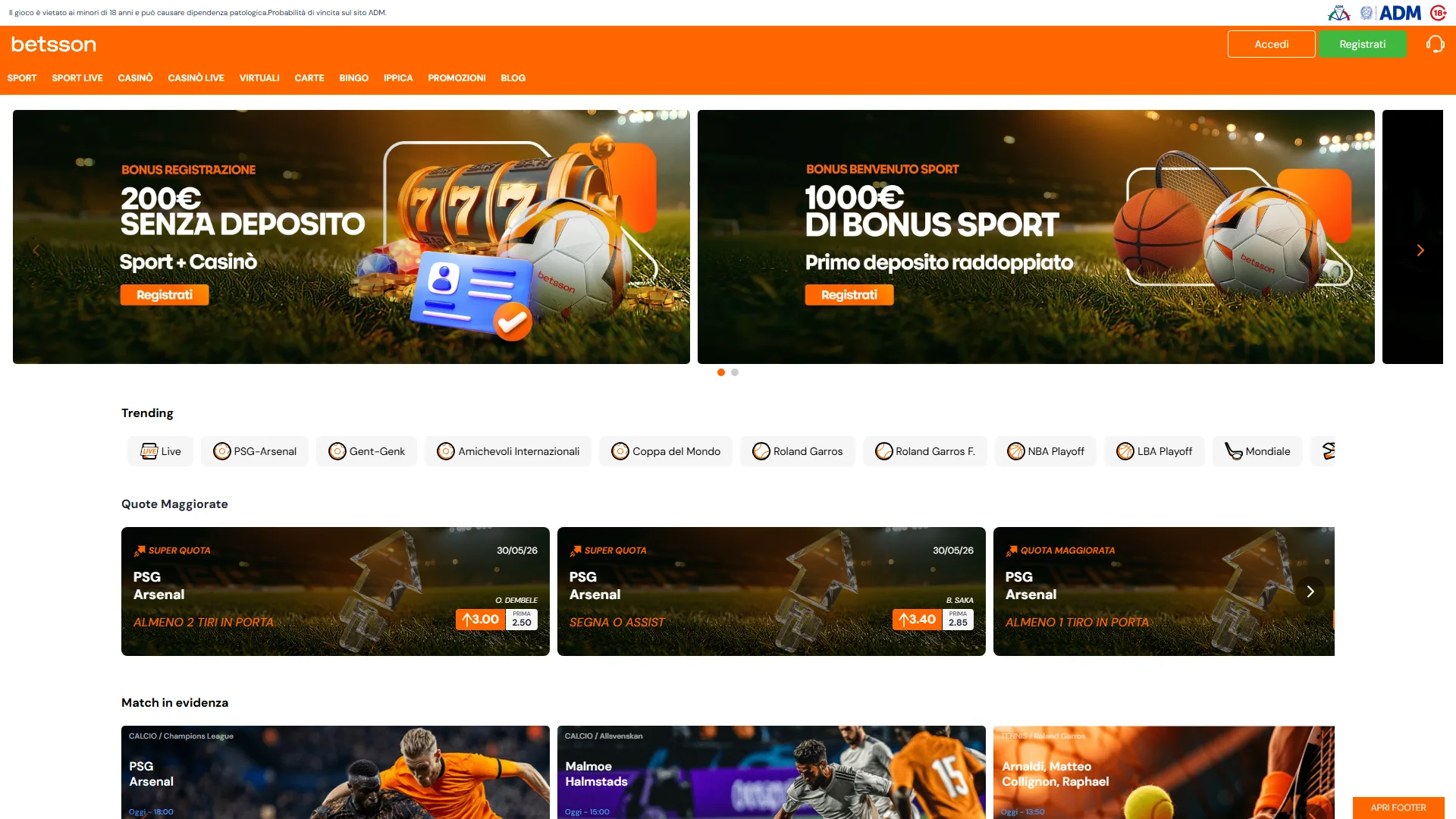 Screenshot homepage Betsson Italia scommesse e streaming live
