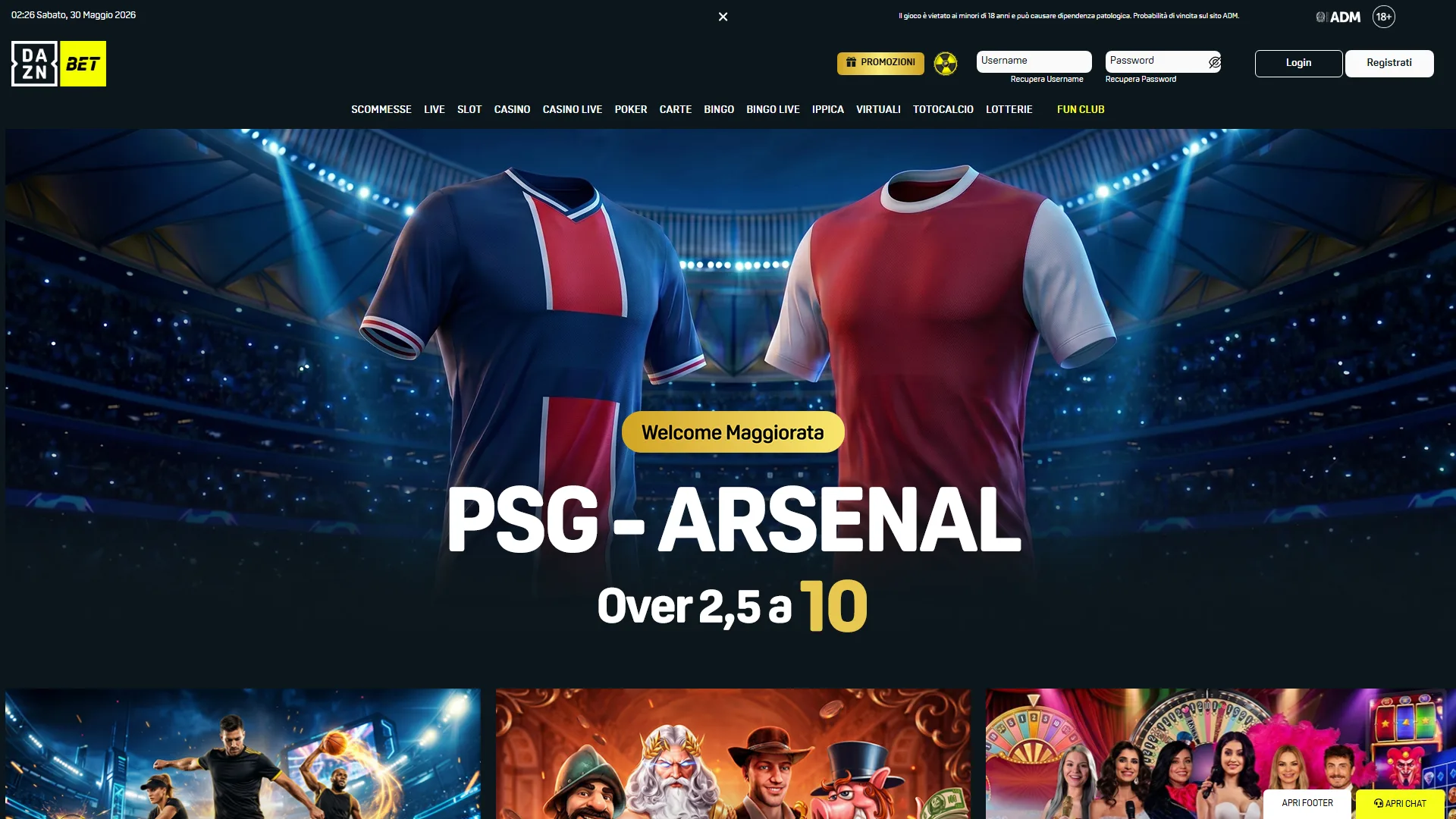 Screenshot homepage DAZNBet scommesse sportive con statistiche avanzate