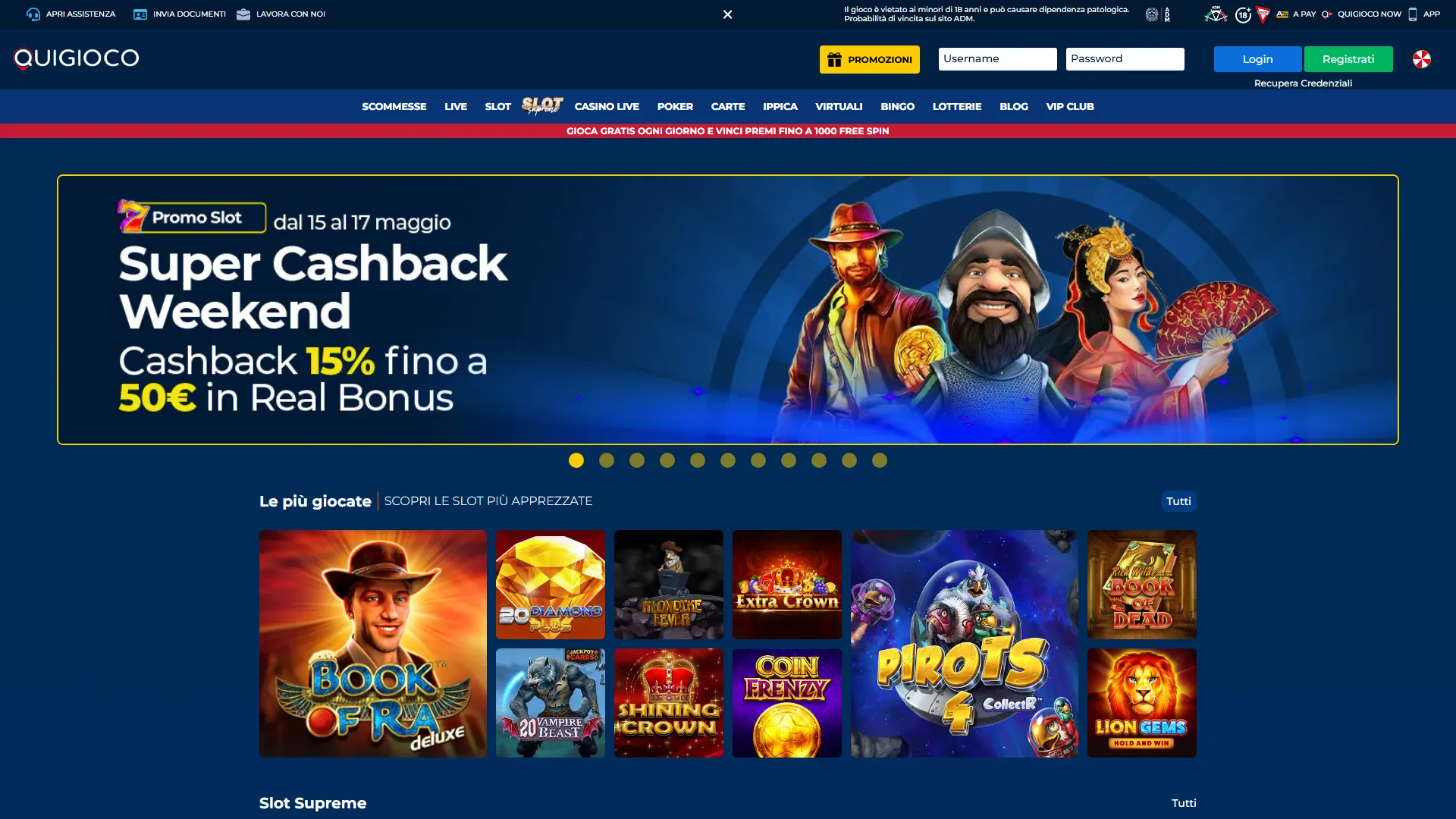 Screenshot homepage QuiGioco scommesse con registrazione SPID