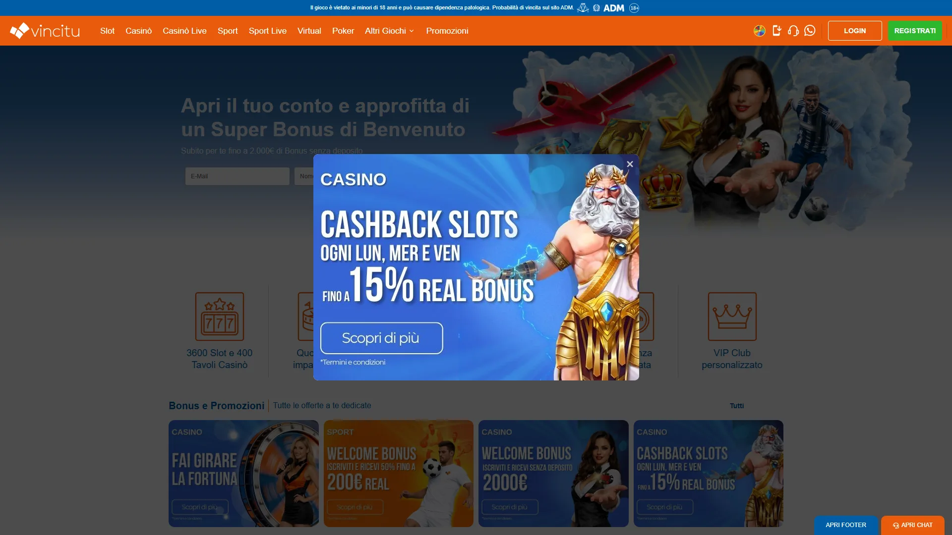 Screenshot homepage VinciTu scommesse sportive e exchange