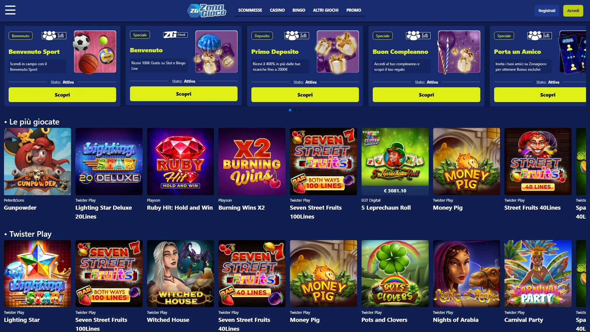 Screenshot homepage Zona Gioco scommesse e bingo