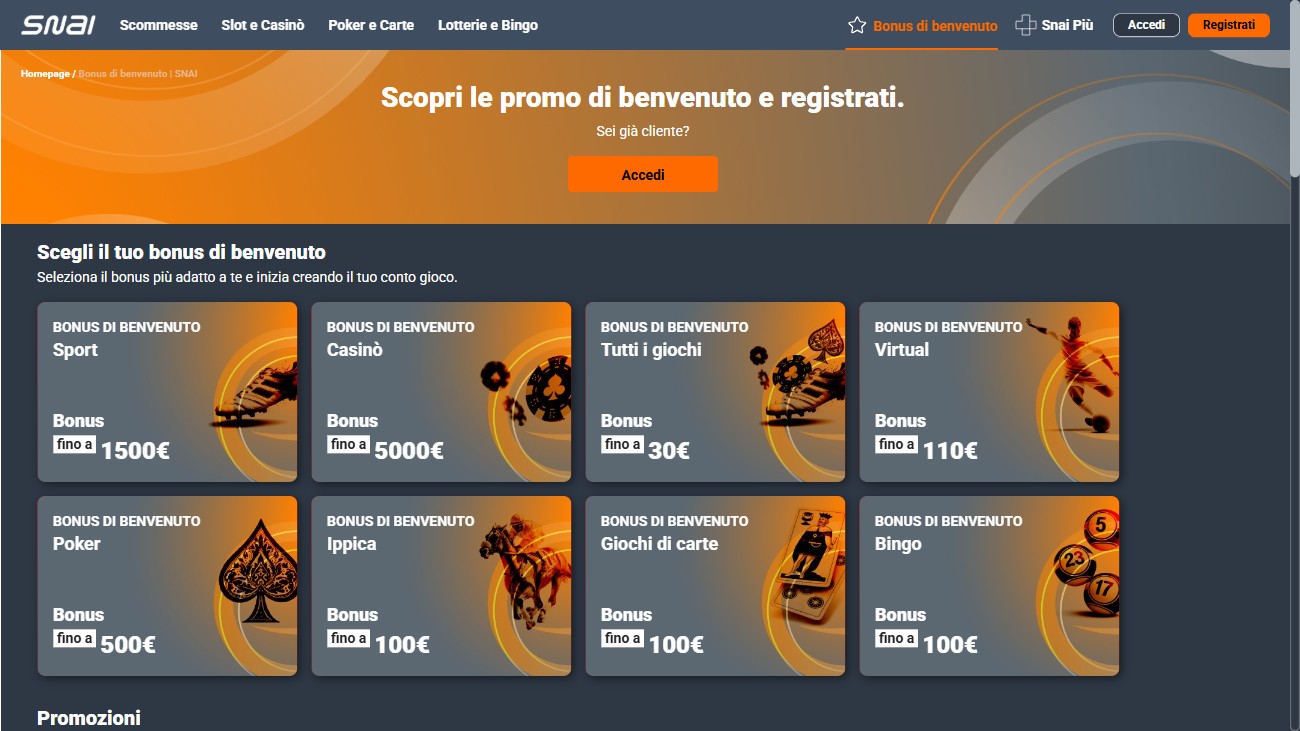 Pagina bonus di benvenuto di Snai