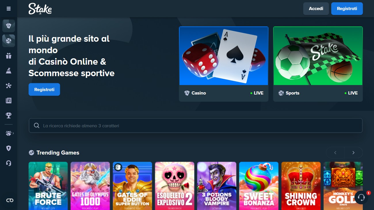 Homepage di Stake.it con le sezioni Casino e Sport