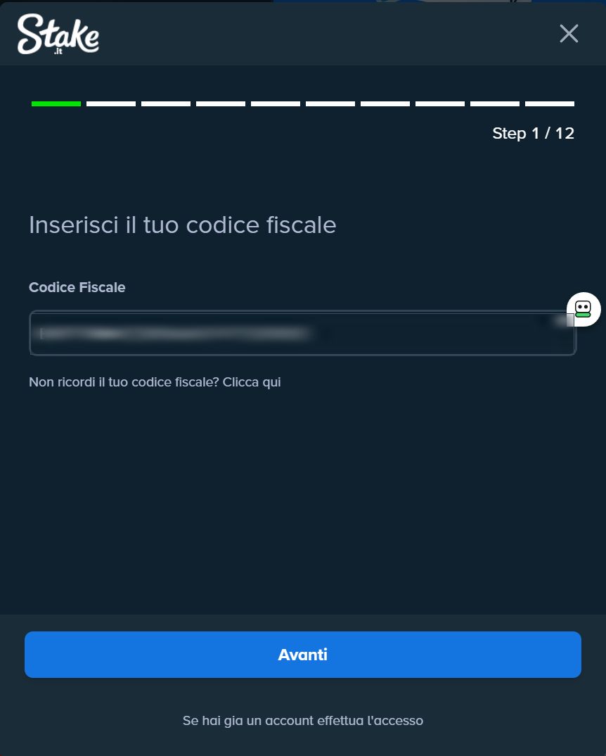 Primo passo della registrazione su Stake.it: inserimento del codice fiscale per la verifica anagrafica Stake.it registrazione step 1: inserimento del codice fiscale