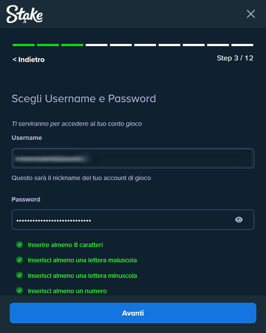 Terzo passo: scelta di username e password del conto gioco Stake.it registrazione step 3: scelta di username e password