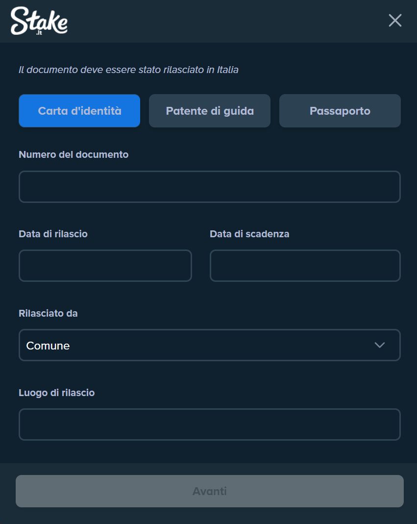 Caricamento del documento d'identita per la verifica KYC obbligatoria Stake.it registrazione: caricamento documento d'identita per il KYC